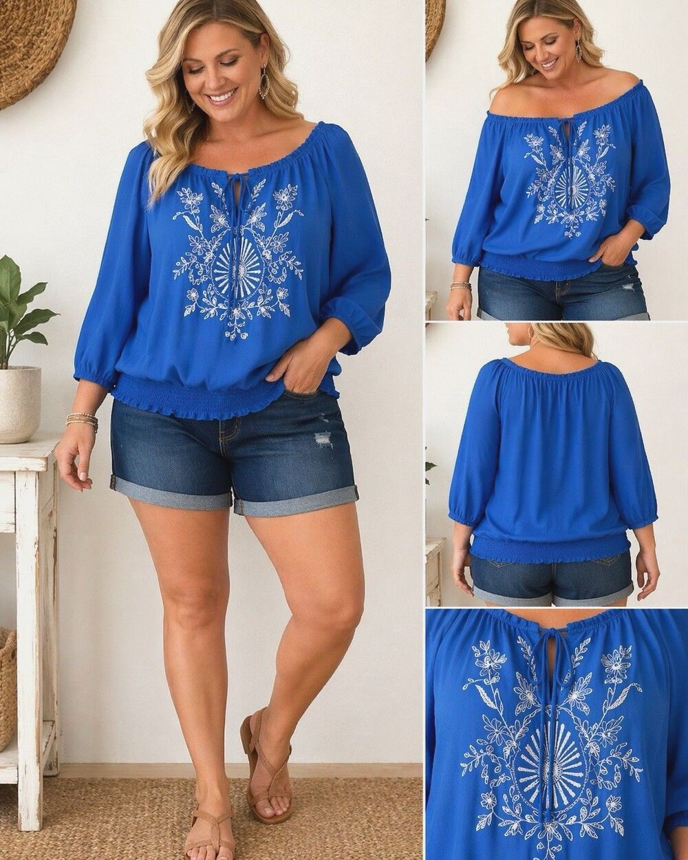 Lane Bryant Boho Embroidered Peasant Blouse Blue 18/20 Flowy Top